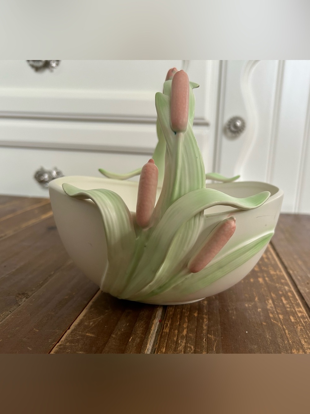 Fitz and Floyd Porcelain Cattail Decorative Bowl - Green and Pink